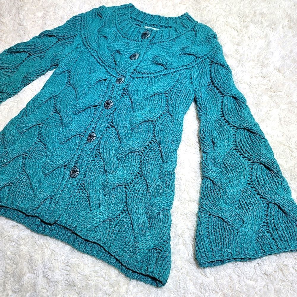 Beth Bowley (Anthropology) Teal Chunk Knit Bell Sleeve Wool Blend Sweater (RARE)